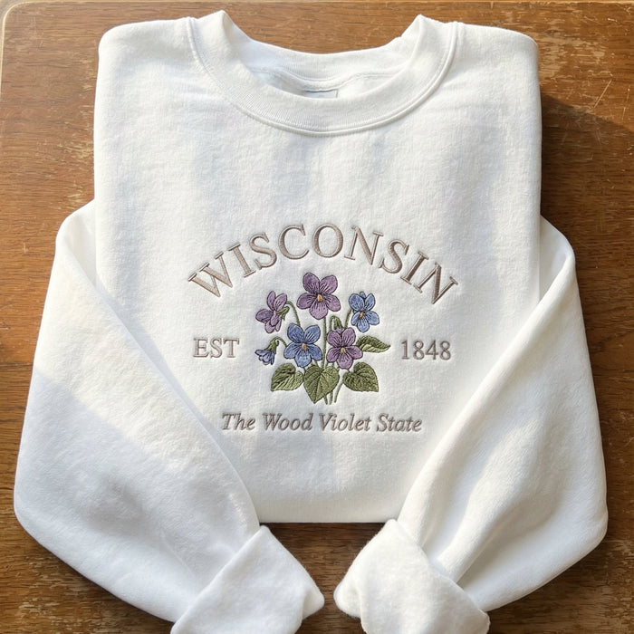 Wisconsin Wood Violet Embroidered Sweatshirt – White State Flower Botanical Gift Unisex Crewneck
