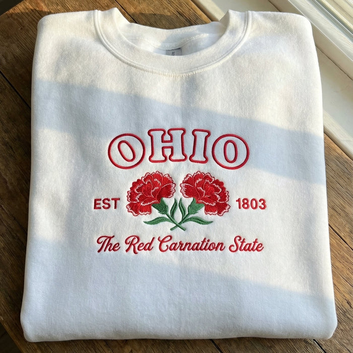 Ohio Red Carnation Embroidered Sweatshirt – White State Flower Botanical Gift Unisex Crewneck