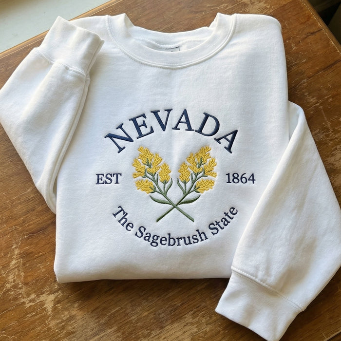 Nevada Sagebrush Embroidered Sweatshirt – White State Flower Botanical Gift Unisex Crewneck