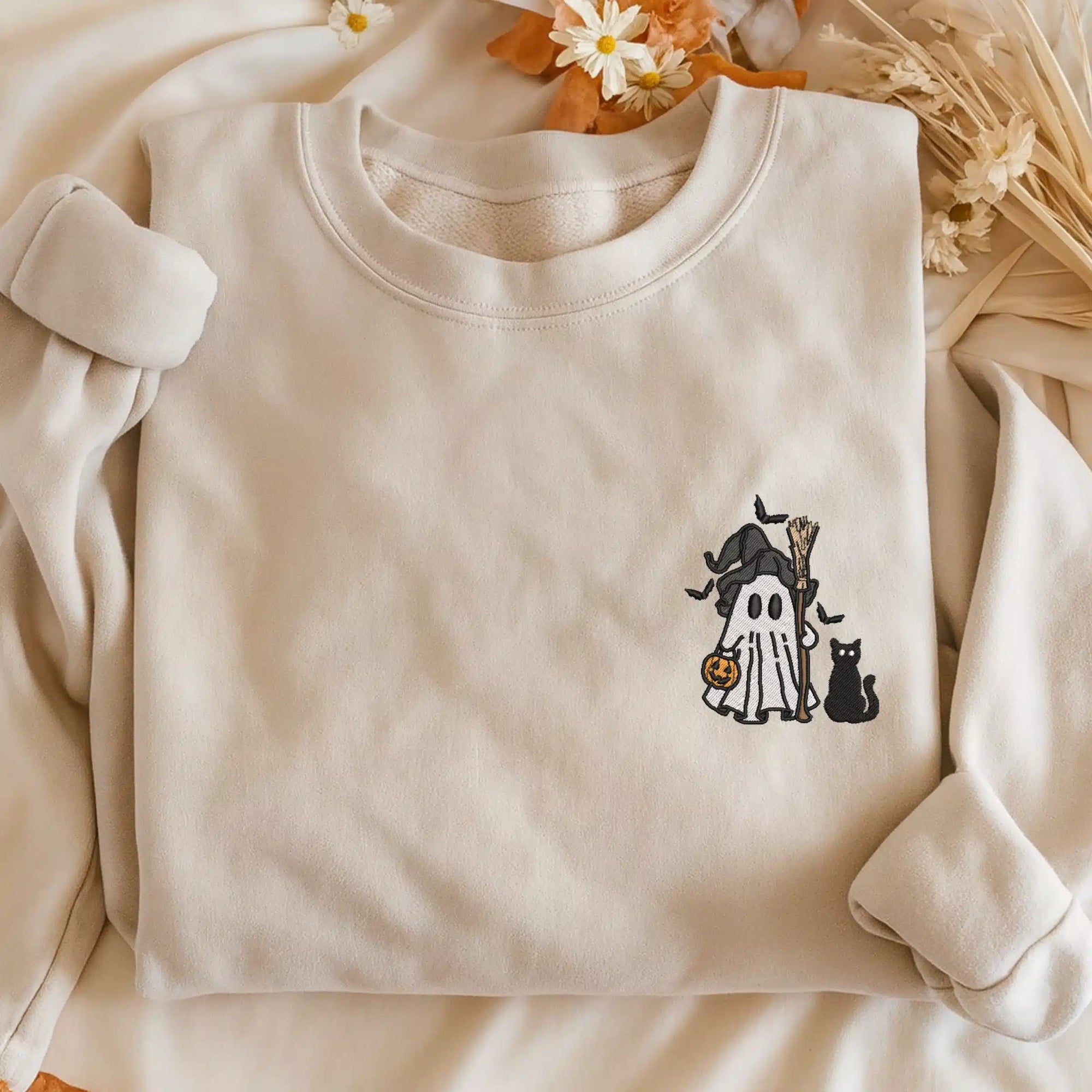 Witchy ghost and pumpkin embroidered sweatshirt