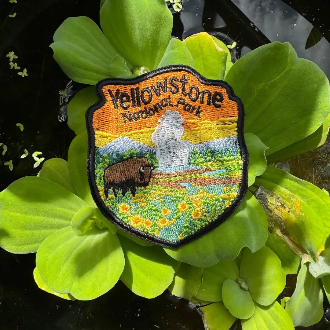 Embroidered Yellowstone patch with bison and geyser
