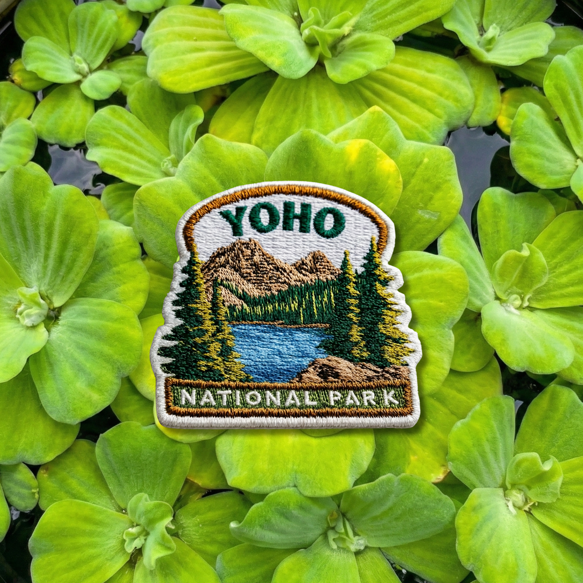 Yoho National Park embroidery patch featuring mountain lake and pine trees