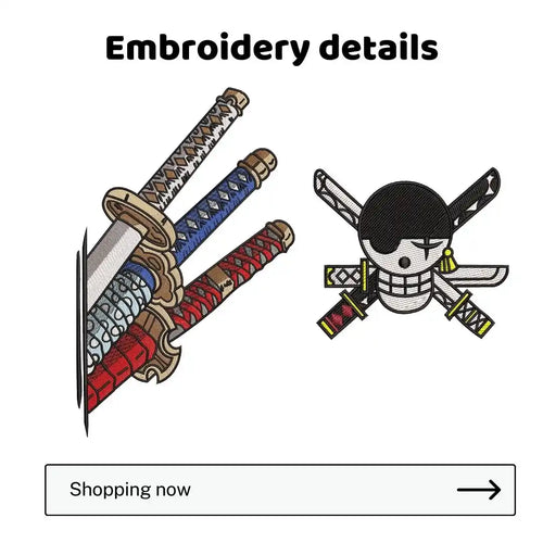 Embroidery design of crossed swords with decorative patterns on a white background.