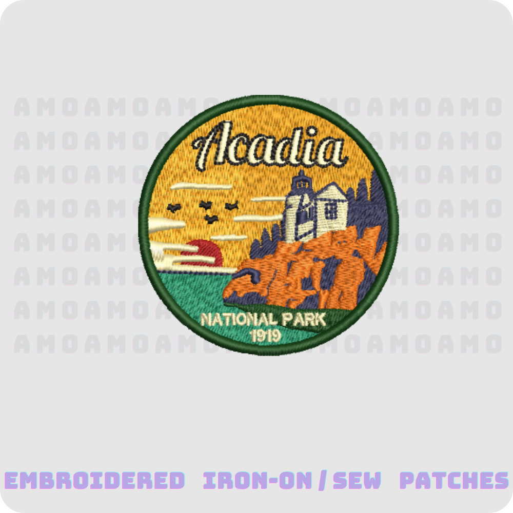 acadia national park 1919 embroidered patch flat lay 3 inch