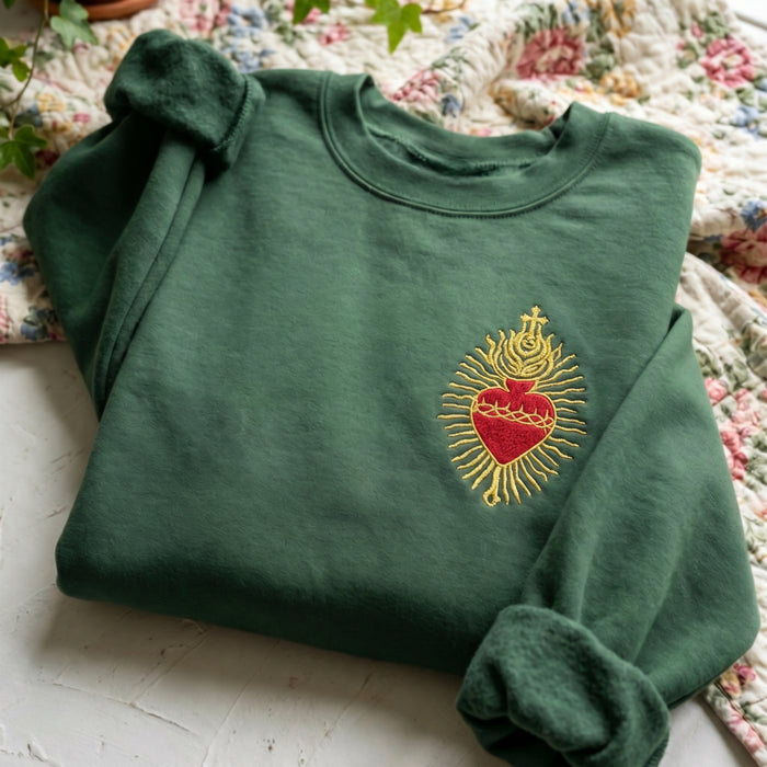 Sacred Heart Embroidered Sweatshirt – Green Crewneck
