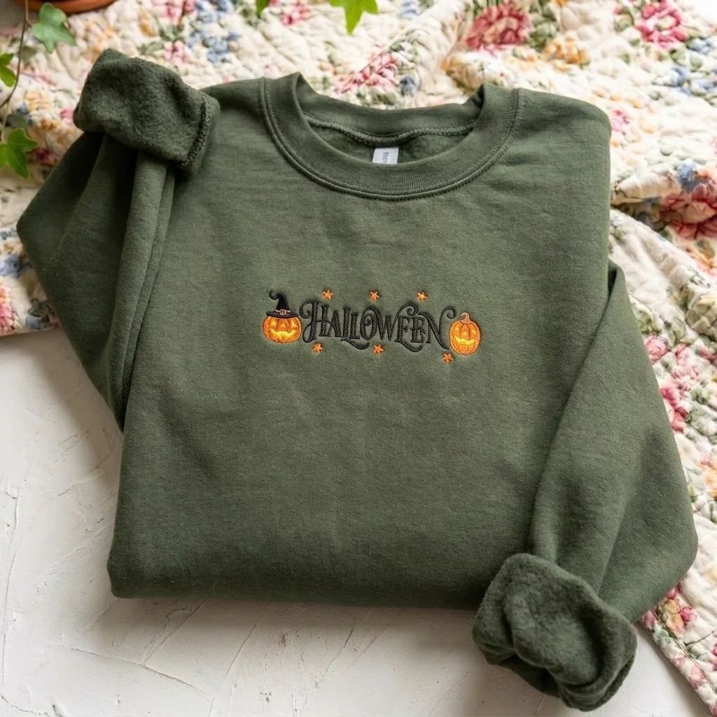 Spooky Season Witch Hat & Pumpkin Crewneck Sweater - product photo 1