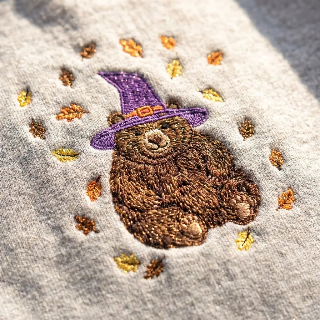 Witch Bear Embroidered Sweatshirt - Fall Leaves Crewneck - product photo 1