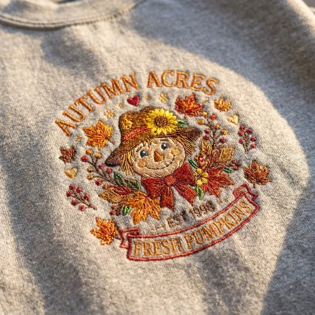 Vintage Farmhouse Scarecrow Embroidered Pullover - Dark Green Autumn Jumpe - product photo 1