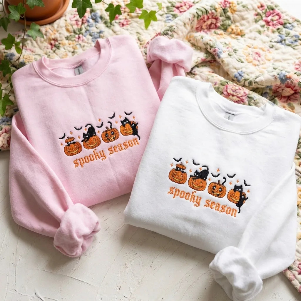 Spooky Season Black Cat & Pumpkin Embroidered Sweatshirt - product photo 1
