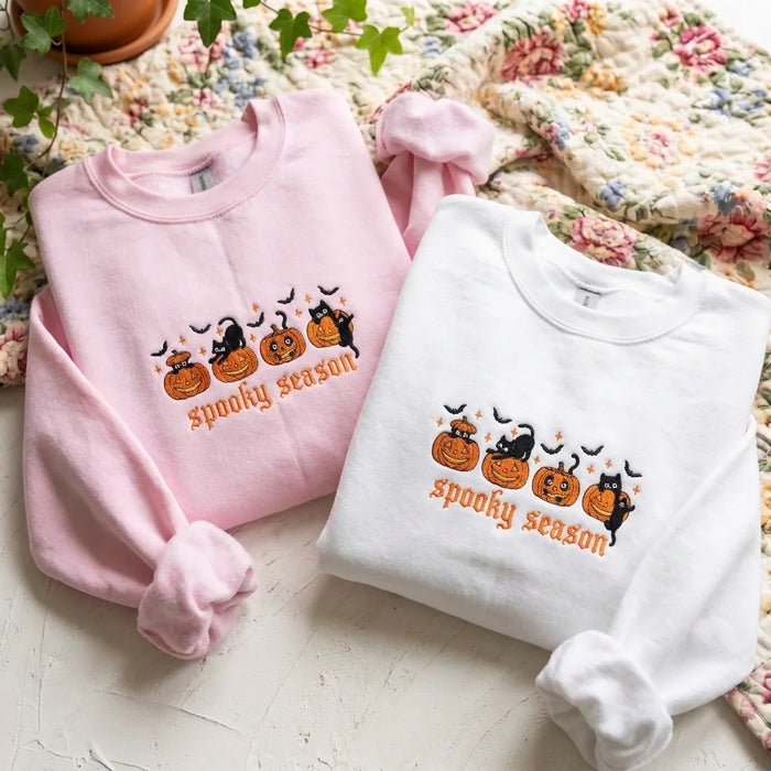 Spooky Season Black Cat & Pumpkin Embroidered Sweatshirt
