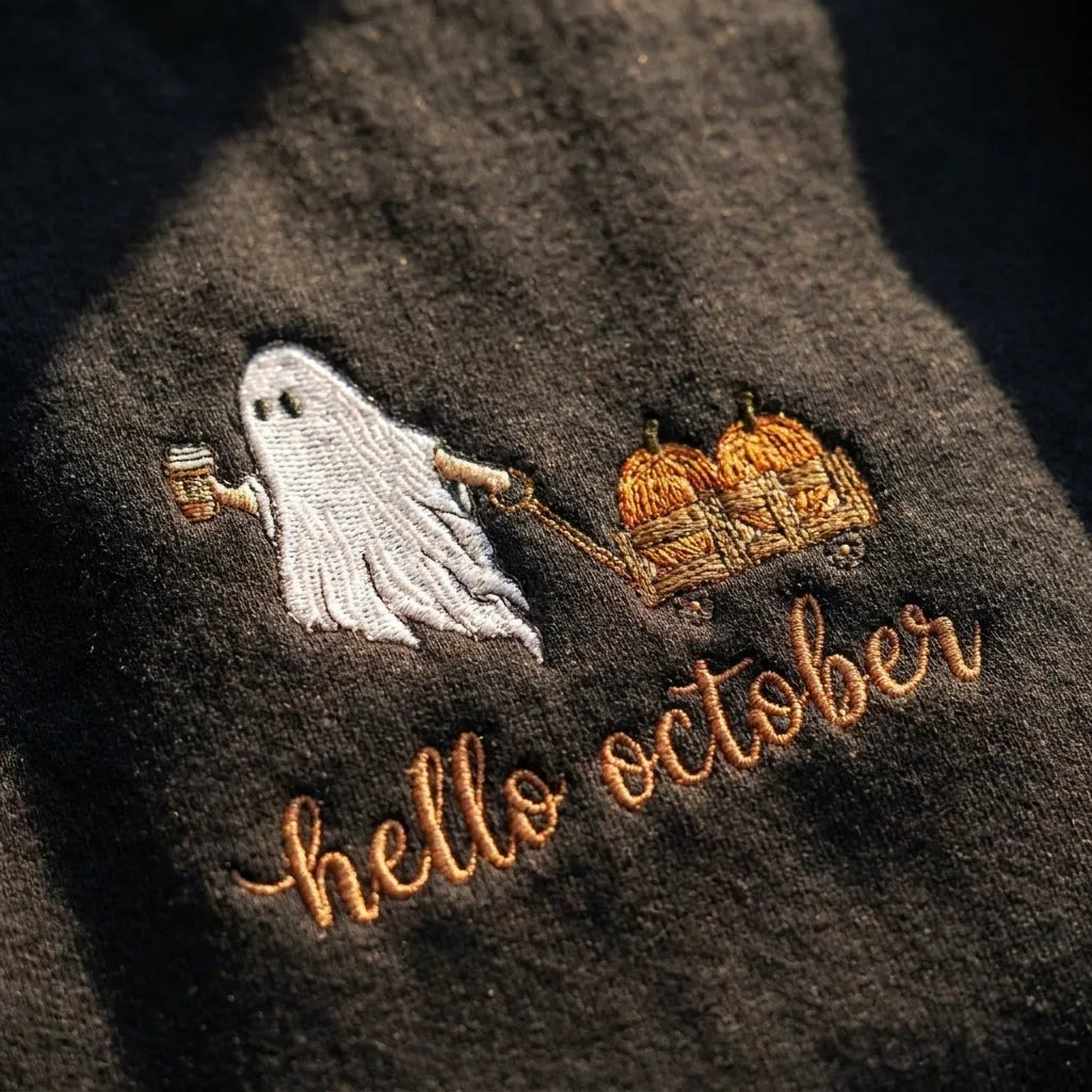 Cute Ghost & Pumpkin Wagon Embroidery Crewneck - product photo 1