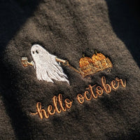 Cute Ghost & Pumpkin Wagon Embroidery Crewneck - product photo 1