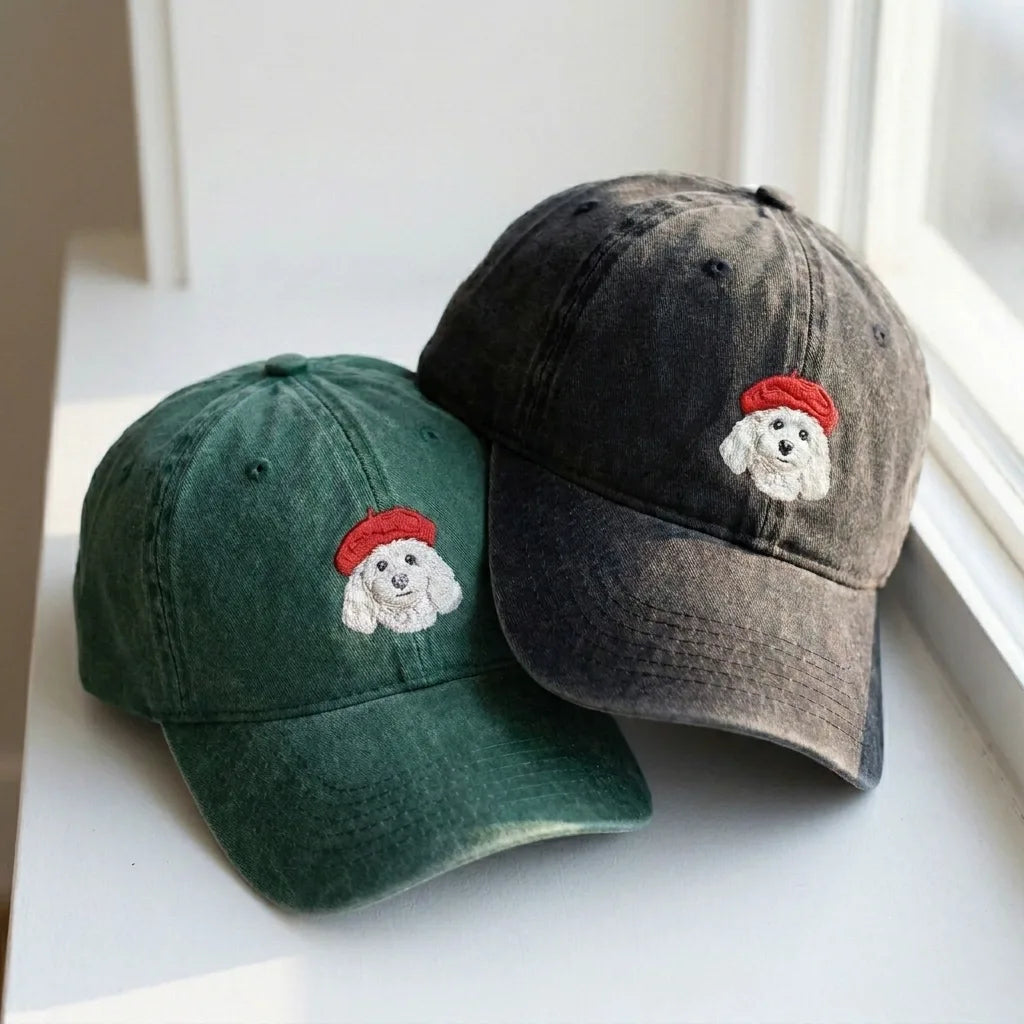 French Beret Dog Embroidered Dad Hat - Vintage Washed Cap - product photo 1