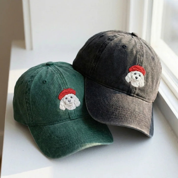 French Beret Dog Embroidered Dad Hat - Vintage Washed Cap
