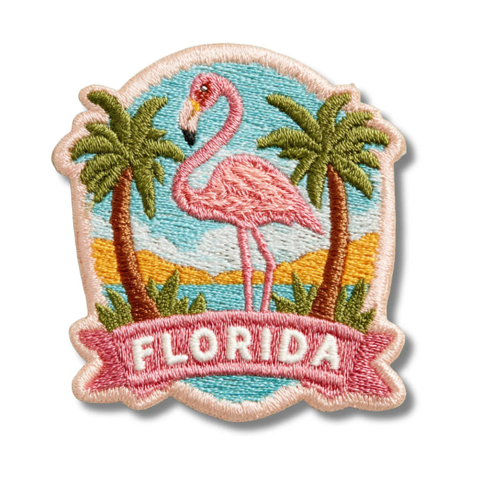 Florida Pink Flamingo Tropical Palm Trees Embroidered Patch