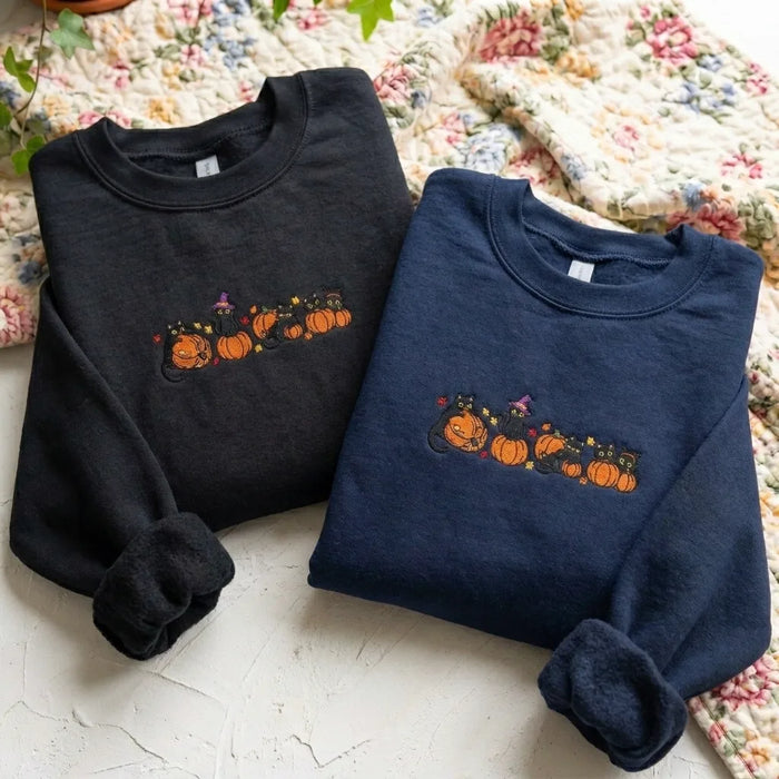 Black Cat & Pumpkin Embroidered Sweatshirt - Grey Halloween Crewneck