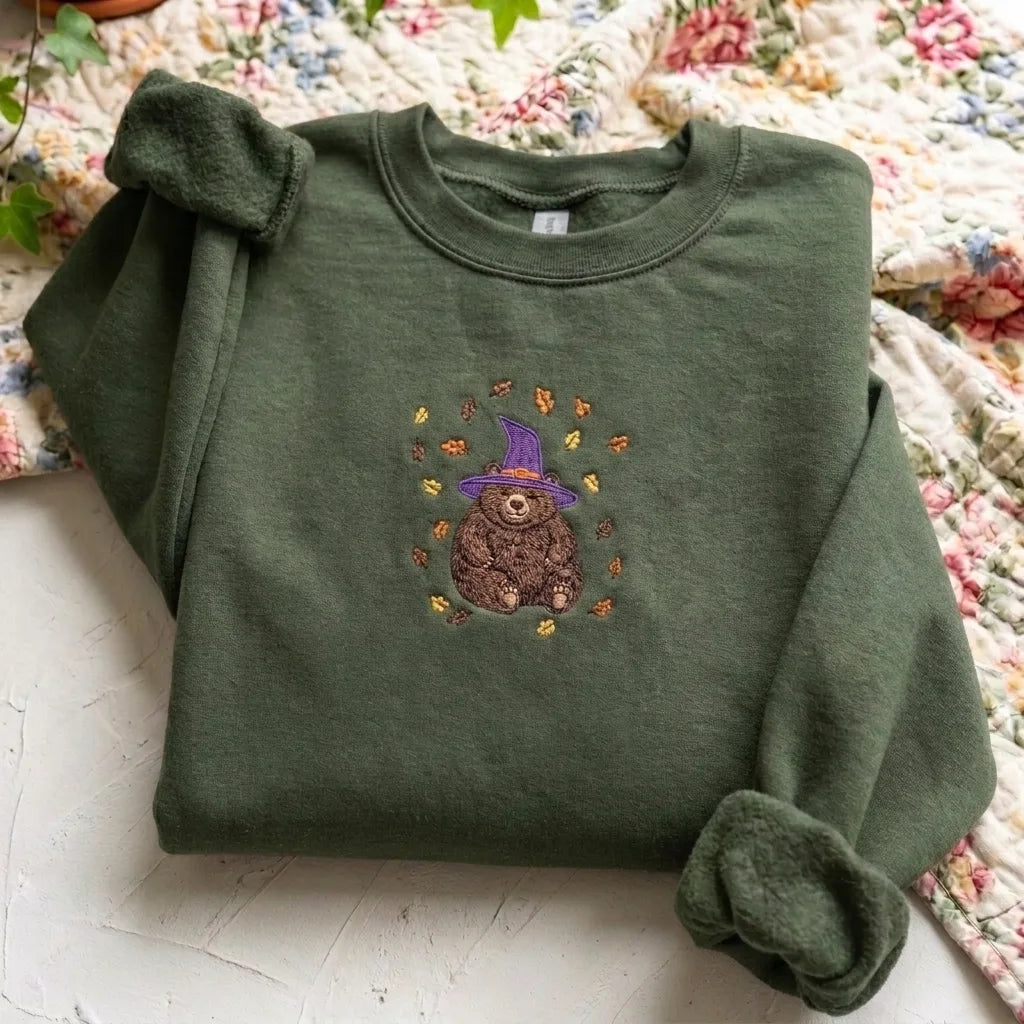 Witch Bear Embroidered Sweatshirt - Fall Leaves Crewneck - product photo 2