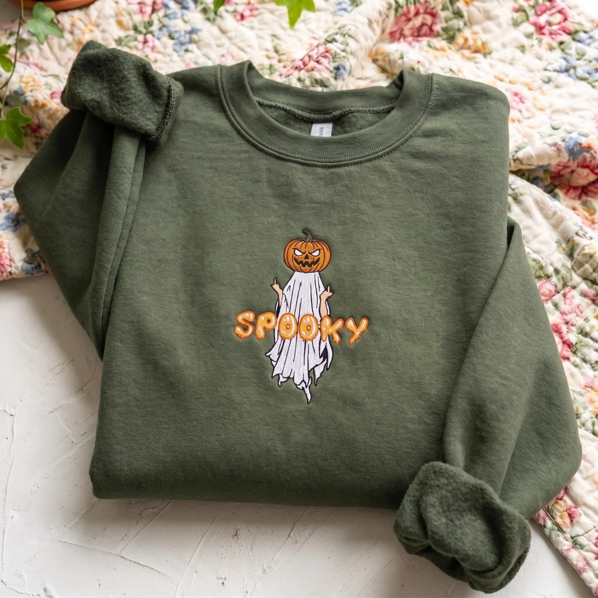 Funny Spooky Ghost Pumpkin Embroidered Sweatshirt - product photo 2