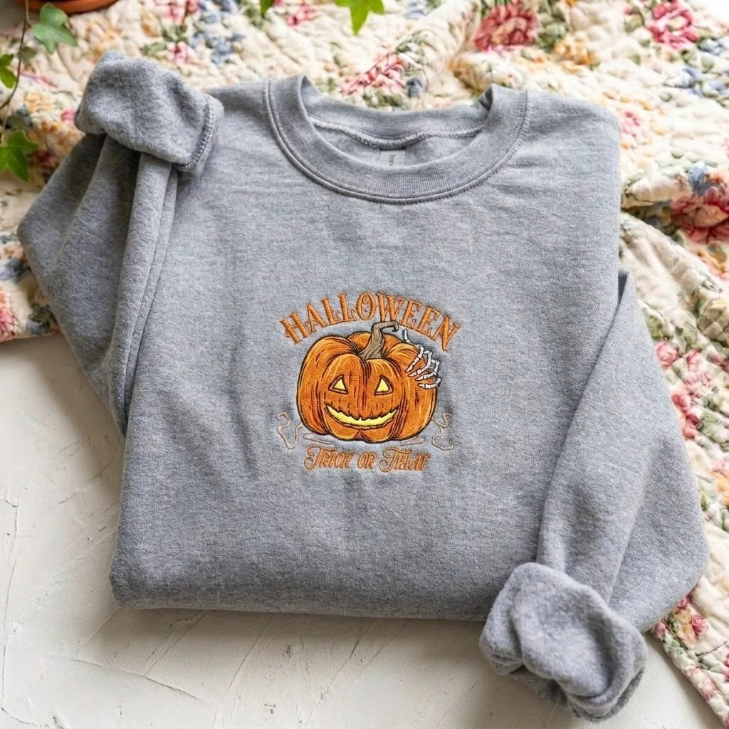 Halloween Trick or Treat Pumpkin Embroidered Sweatshirt - product photo 2