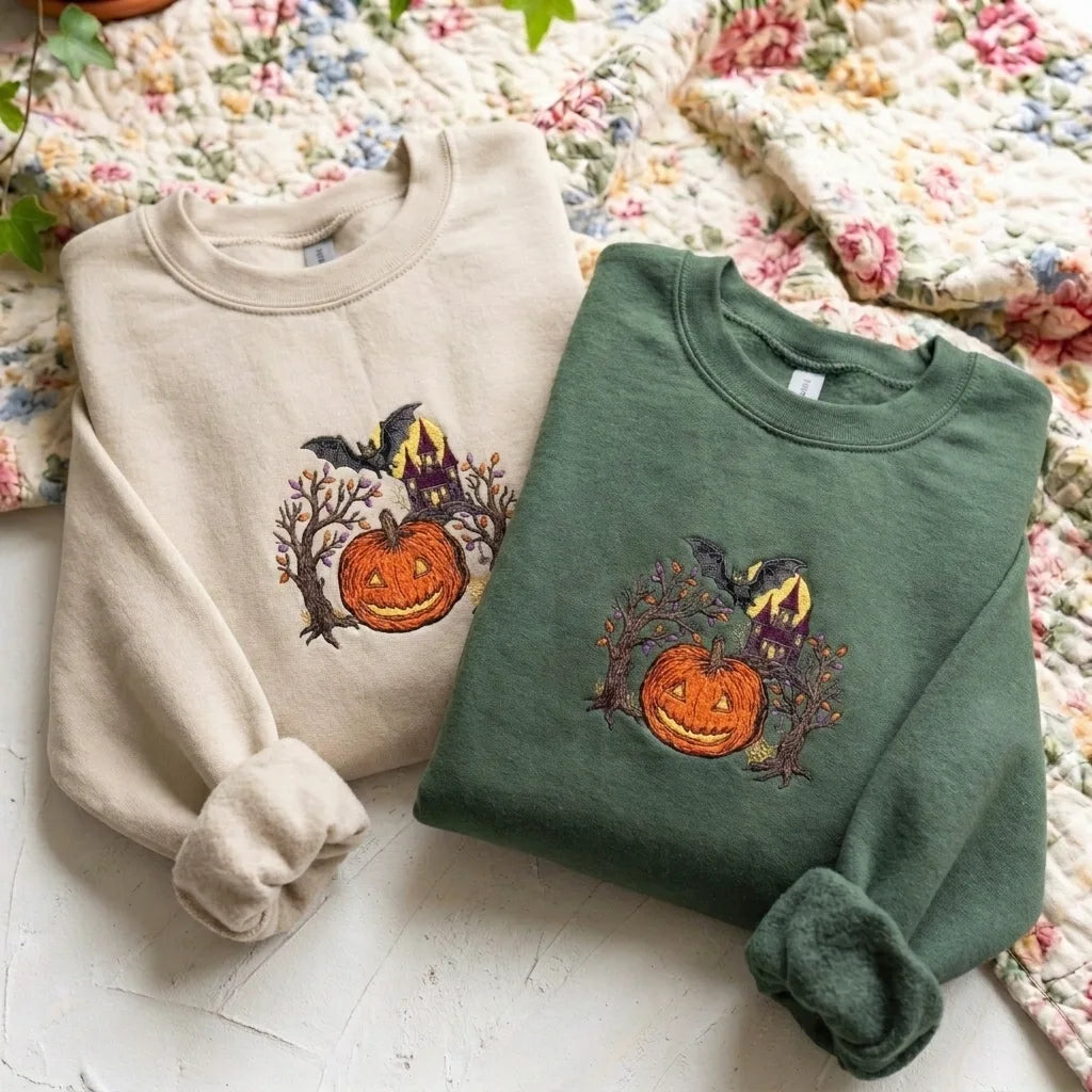 Spooky Haunted House & Pumpkin Embroidered Sweatshirt - product photo 2