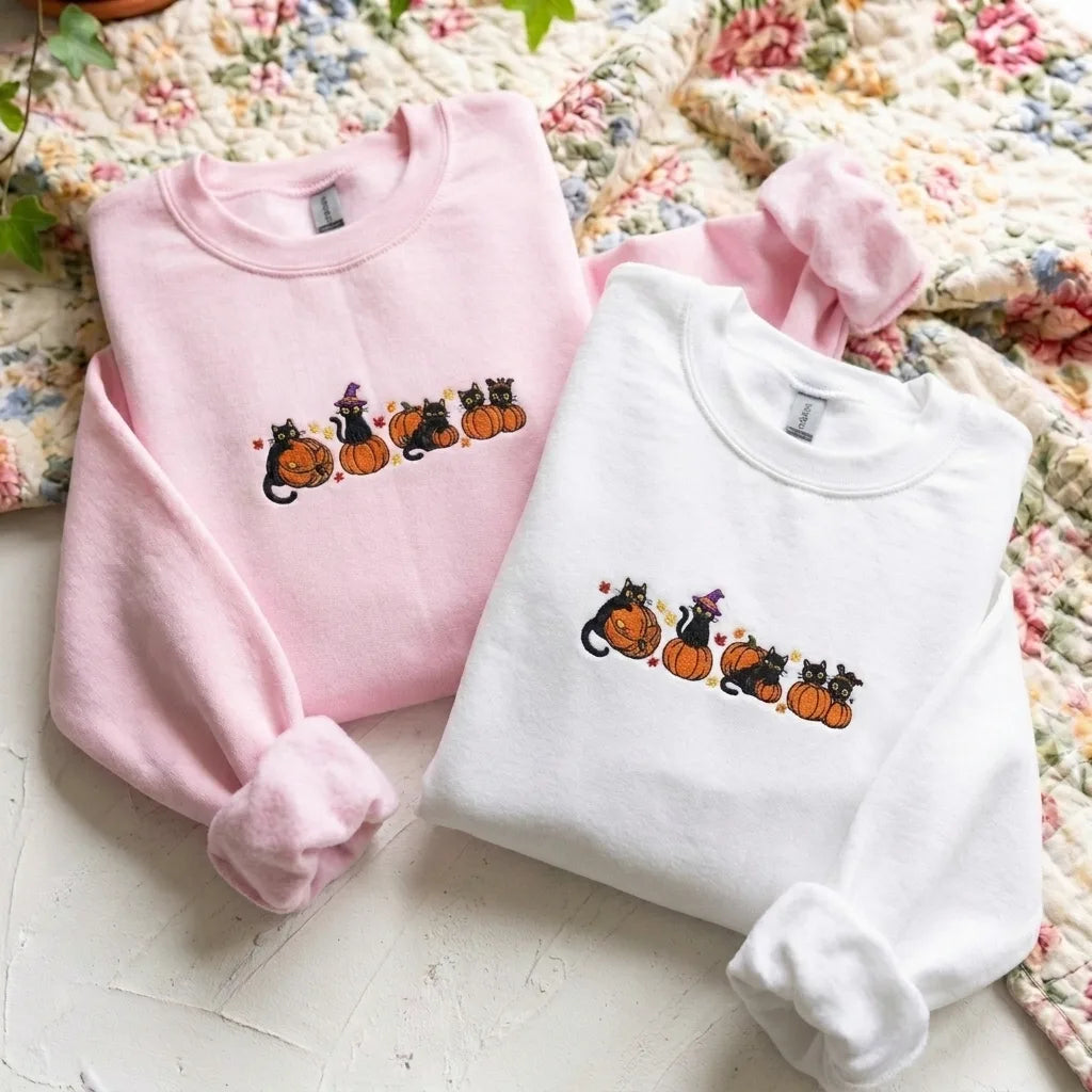 Black Cat & Pumpkin Embroidered Sweatshirt - Grey Halloween Crewneck - product photo 2