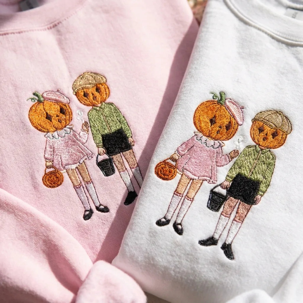 Vintage Pumpkin Head Embroidered Sweatshirt - Retro Halloween Crewneck - product photo 2