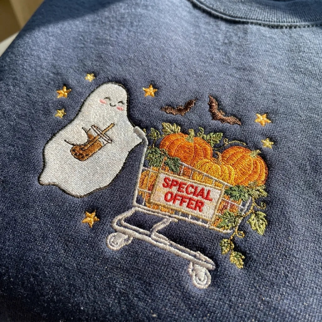 Halloween Embroidered Crewneck Sweatshirt - Cute Coffee Ghost & Pumpkins - product photo 2