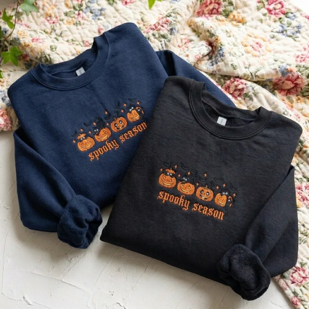 Spooky Season Black Cat & Pumpkin Embroidered Sweatshirt - product photo 2