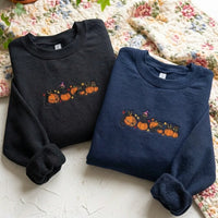 Black Cat & Pumpkin Embroidered Sweatshirt - Grey Halloween Crewneck - product photo 3