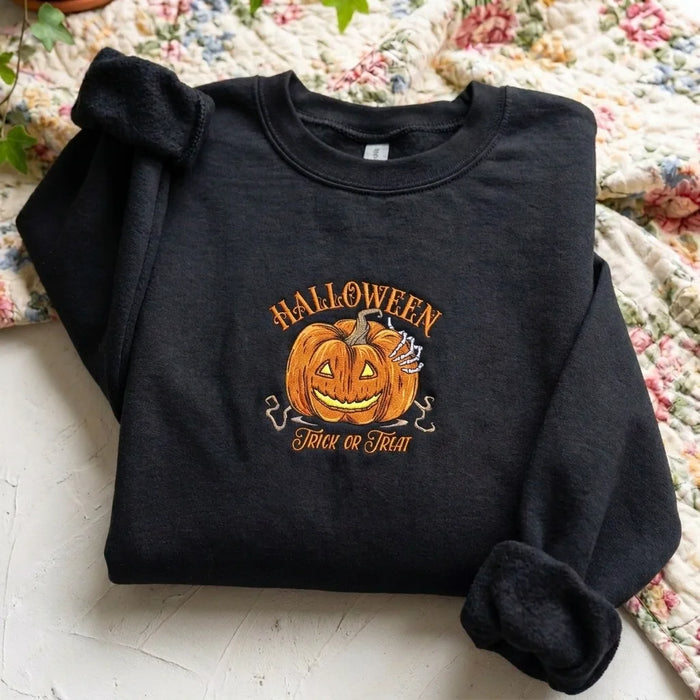 Halloween Trick or Treat Pumpkin Embroidered Sweatshirt