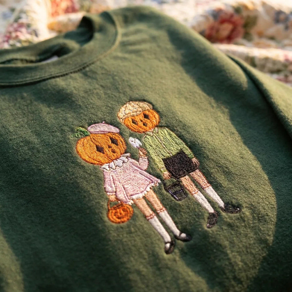 Vintage Pumpkin Head Embroidered Sweatshirt - Retro Halloween Crewneck - product photo 3