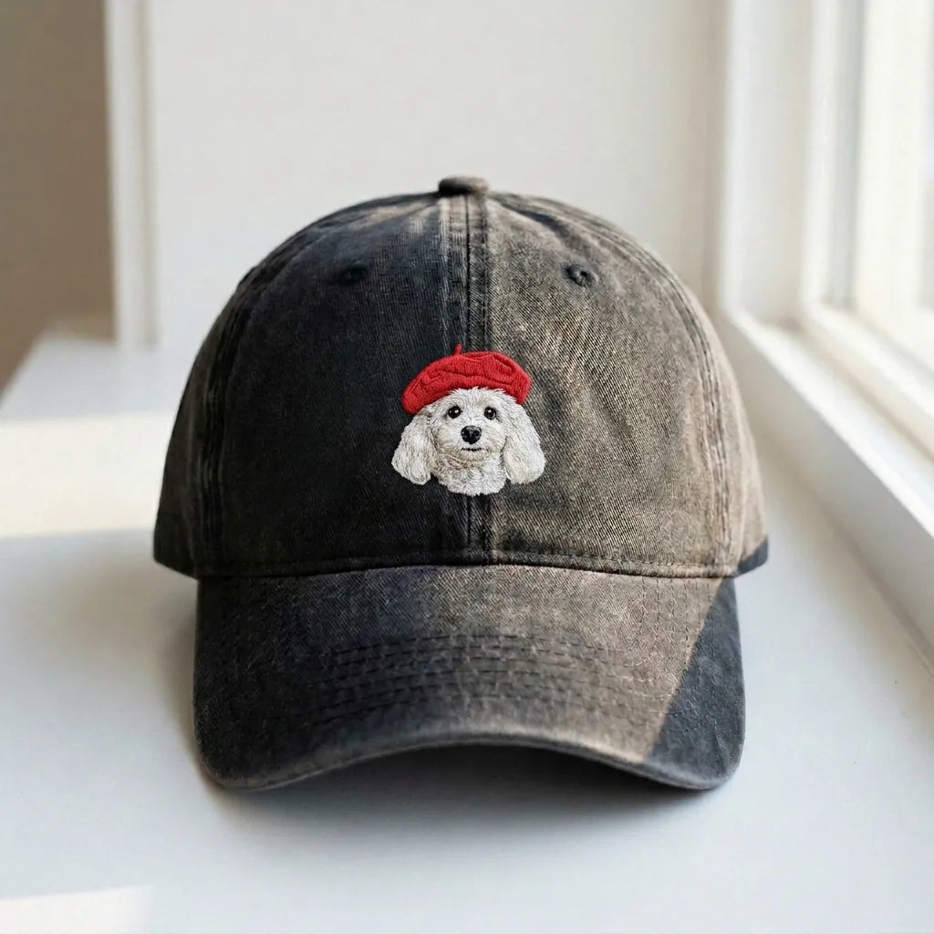 French Beret Dog Embroidered Dad Hat - Vintage Washed Cap - product photo 3