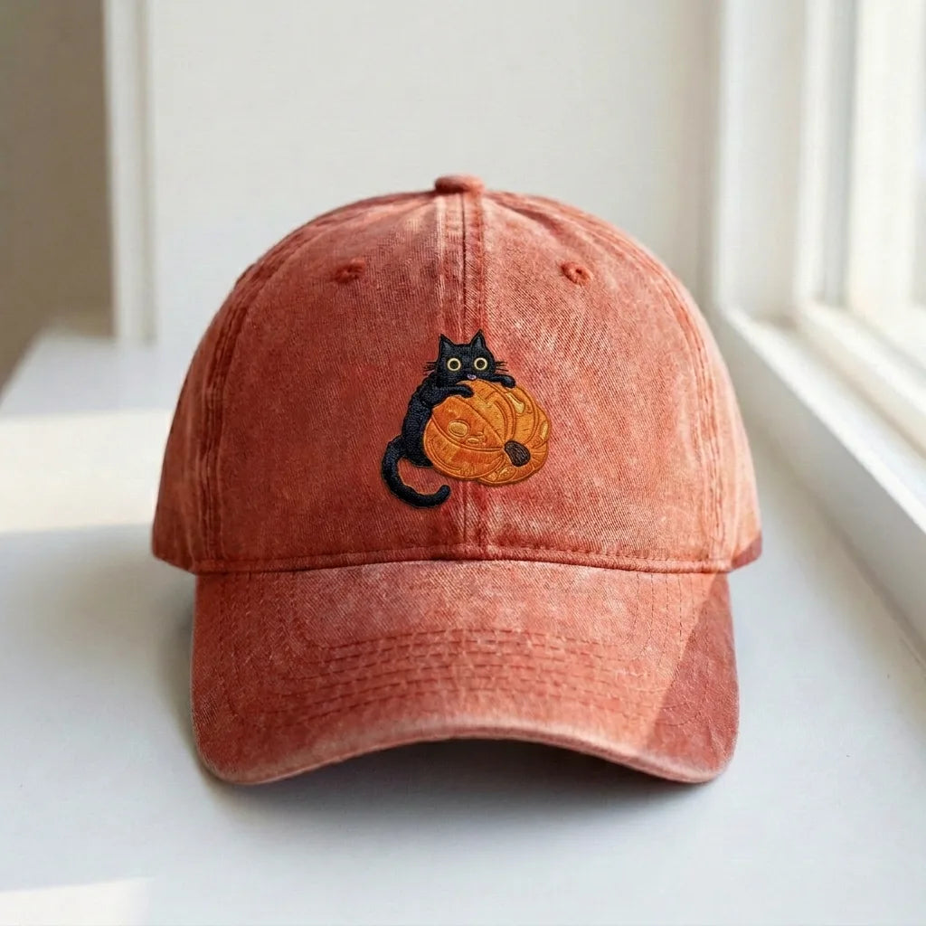 Black Cat & Pumpkin Embroidered Hat - Vintage Orange Dad Cap - product photo 3