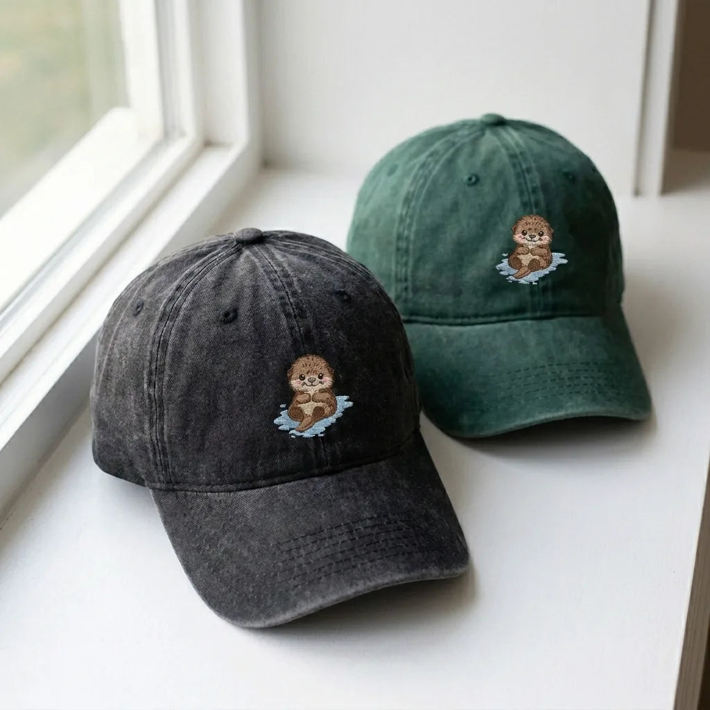 Cute Sea Otter Embroidered Dad Hat - Vintage Washed Cap - product photo 3