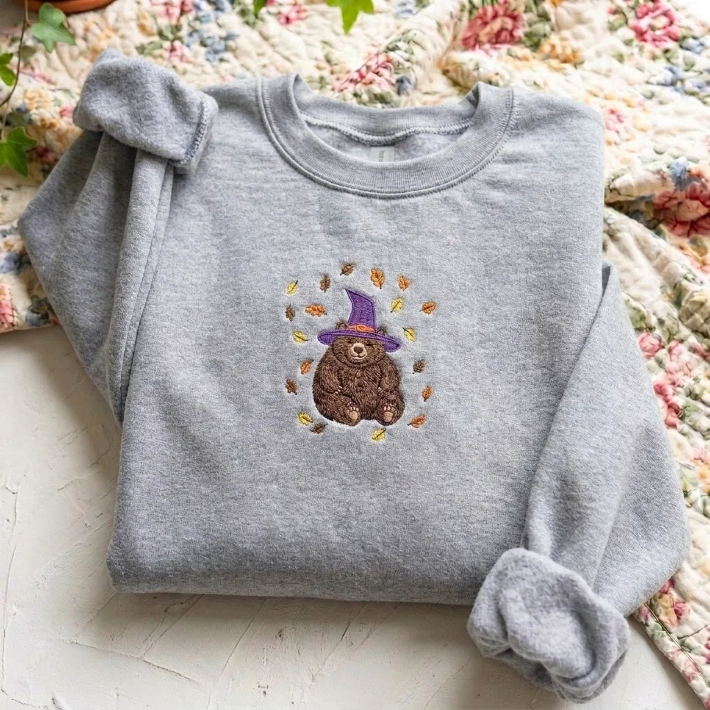 Witch Bear Embroidered Sweatshirt - Fall Leaves Crewneck - product photo 3