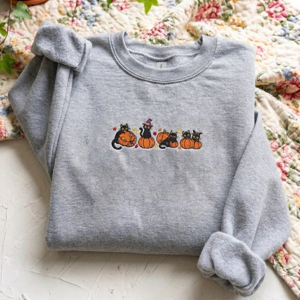 Black Cat & Pumpkin Embroidered Sweatshirt - Grey Halloween Crewneck - product photo 4