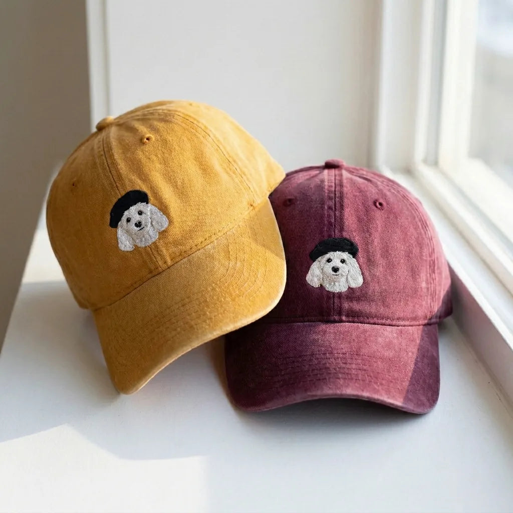 French Beret Dog Embroidered Dad Hat - Vintage Washed Cap - product photo 4
