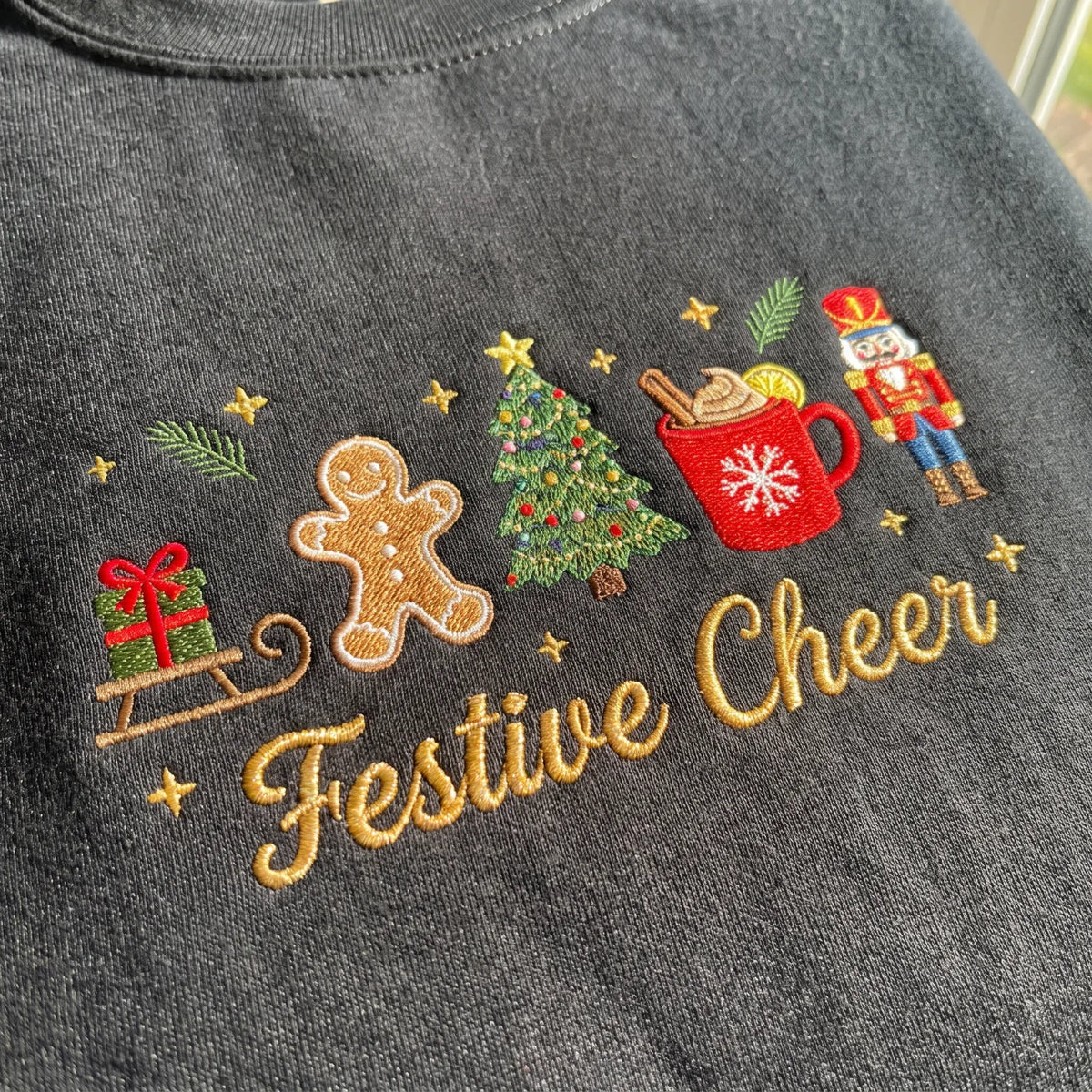 Cute Christmas Embroidered Jumper - Festive Cheer Black Sweatshirt - product photo 4
