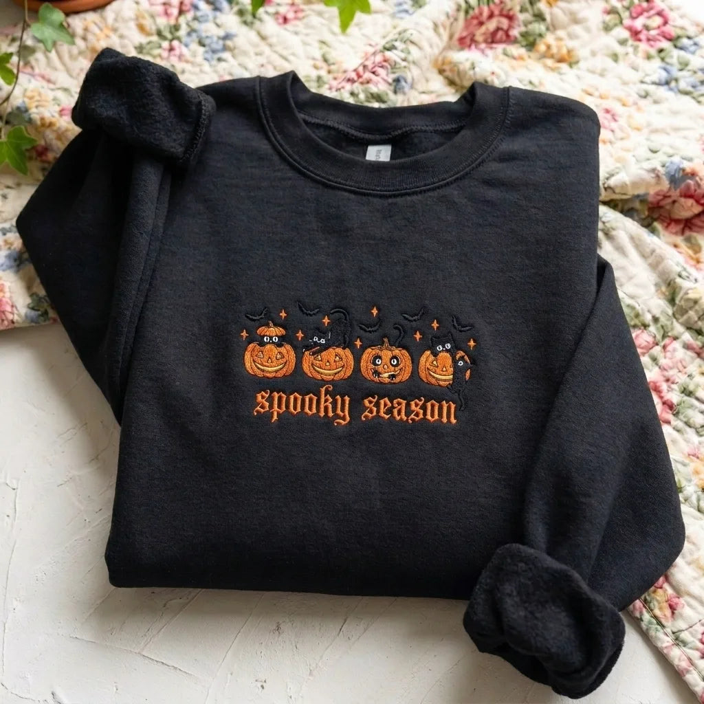 Spooky Season Black Cat & Pumpkin Embroidered Sweatshirt - product photo 4