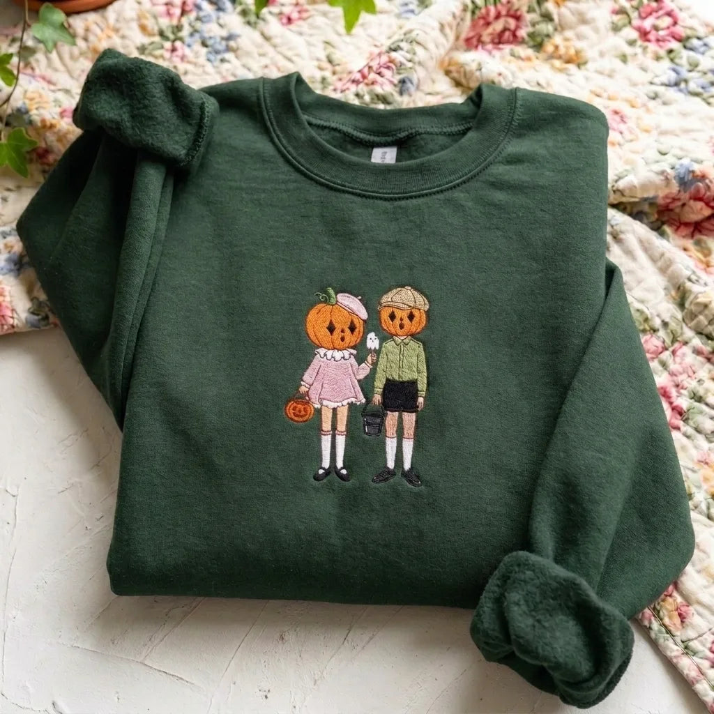 Vintage Pumpkin Head Embroidered Sweatshirt - Retro Halloween Crewneck - product photo 4