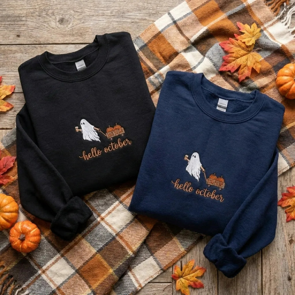 Cute Ghost & Pumpkin Wagon Embroidery Crewneck - product photo 4