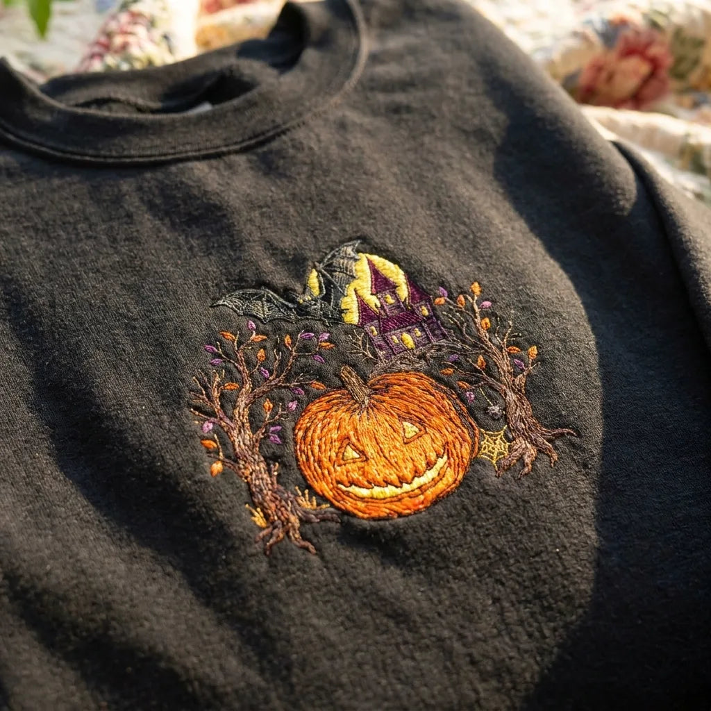 Spooky Haunted House & Pumpkin Embroidered Sweatshirt - product photo 4