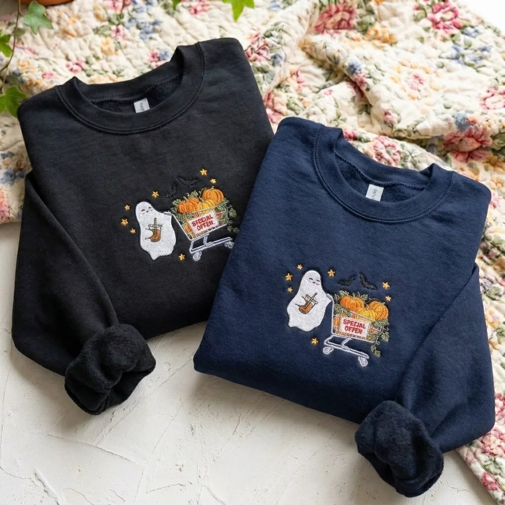 Halloween Embroidered Crewneck Sweatshirt - Cute Coffee Ghost & Pumpkins - product photo 4