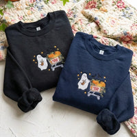 Halloween Embroidered Crewneck Sweatshirt - Cute Coffee Ghost & Pumpkins - product photo 4