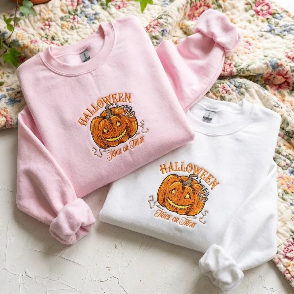Halloween Trick or Treat Pumpkin Embroidered Sweatshirt - product photo 4