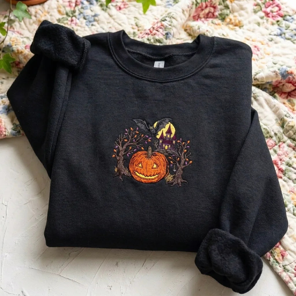 Spooky Haunted House & Pumpkin Embroidered Sweatshirt - product photo 5