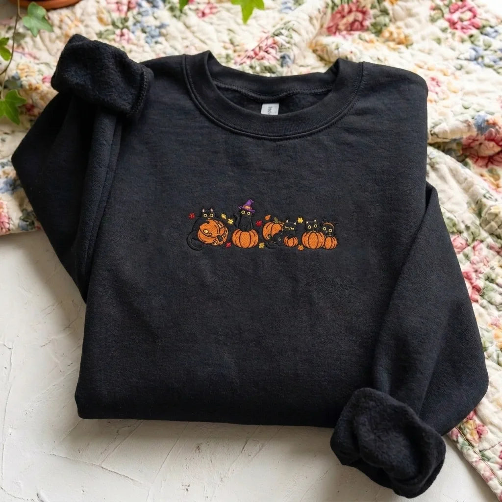 Black Cat & Pumpkin Embroidered Sweatshirt - Grey Halloween Crewneck - product photo 5