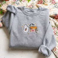 Halloween Embroidered Crewneck Sweatshirt - Cute Coffee Ghost & Pumpkins - product photo 5