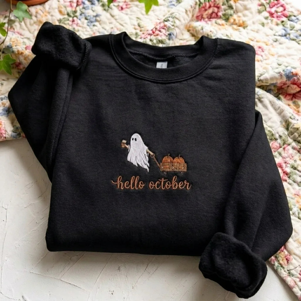 Cute Ghost & Pumpkin Wagon Embroidery Crewneck - product photo 5