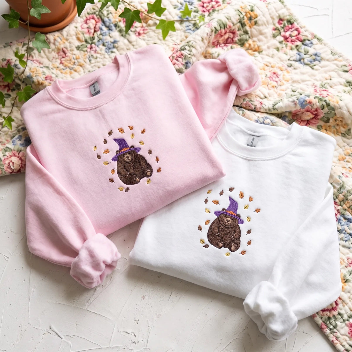 Witch Bear Embroidered Sweatshirt - Fall Leaves Crewneck - product photo 5